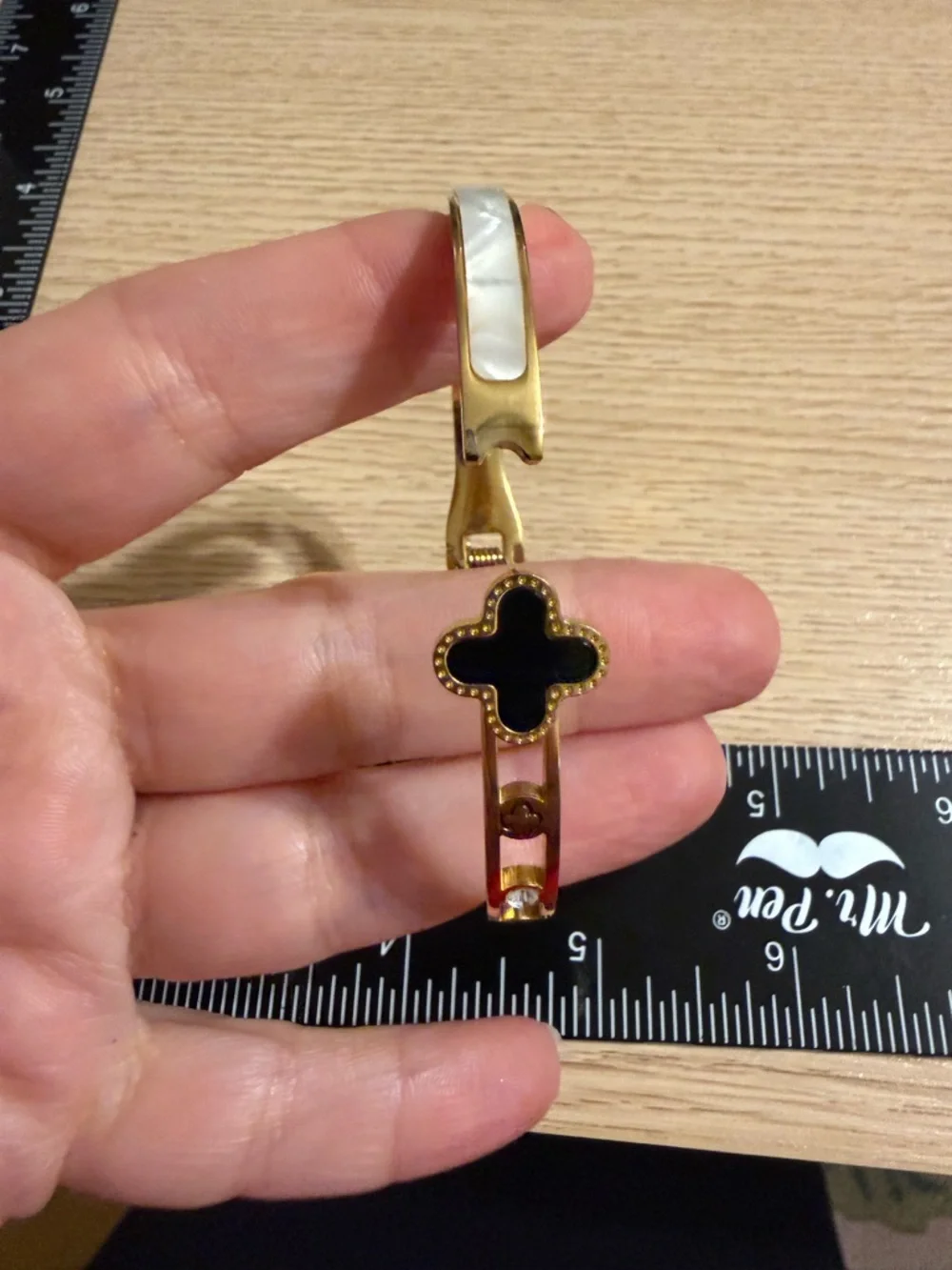 Gold-Tone Bracelet with Black Clover‎ Accent and Mother-of-Pearl Inlay